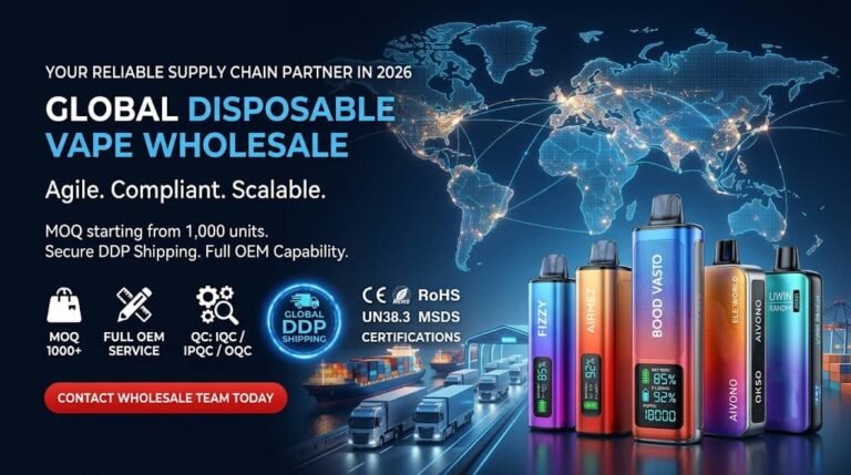 High-end B2B marketing banner for a global disposable vape wholesale supplier showcasing custom branding, stable 1,000-unit MOQ, pure cobalt battery QC, and secure DDP shipping logistics corridor
