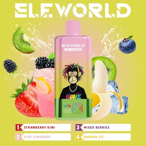 ELE World 4in1 100000 Puffs 100k disposable vape starter kit with kiwi, strawberry, and mixed berries flavors.