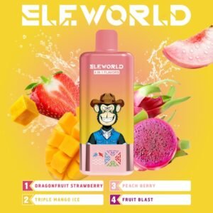 ELE World 4in1 100000 Puffs (100k) disposable vape with strawberry, mango, and dragon fruit flavor graphics on a yellow background.