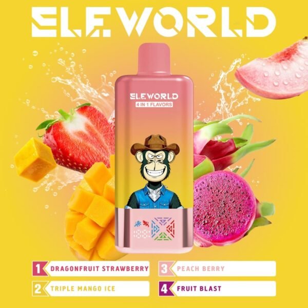 ELE World 4in1 100000 Puffs (100k) disposable vape with strawberry, mango, and dragon fruit flavor graphics on a yellow background.