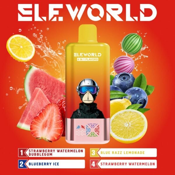 ELE World 4in1 100000 Puffs 100k disposable vape with fresh strawberry, watermelon, and lemon flavor illustrations.