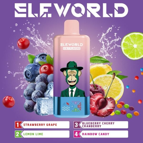 Blueberry, cherry, and lemon flavors edition of ELE World 4in1 100000 Puffs 100k disposable vape kit.