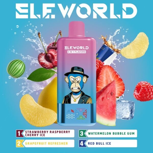 ELE World 4in1 100000 Puffs 100k pod vape featuring blueberry raspberry and watermelon bubble gum flavors.