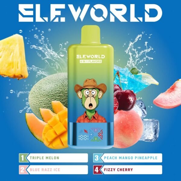 Peach, mango, and pineapple multi-flavor edition of ELE World 4in1 100000 Puffs 100k disposable vape device.