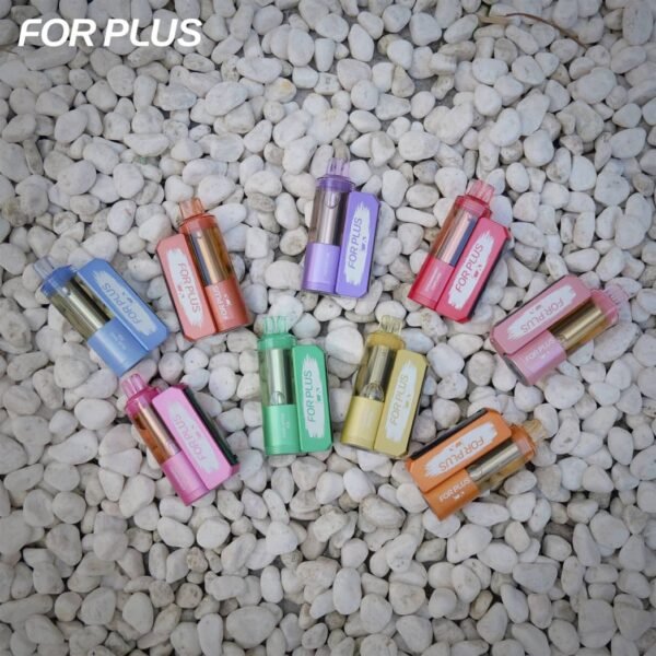 Multiple flavors and color variants of ELE World FOR PLUS 50000 Puffs 50k disposable vapes arranged in a fan shape on white stones.