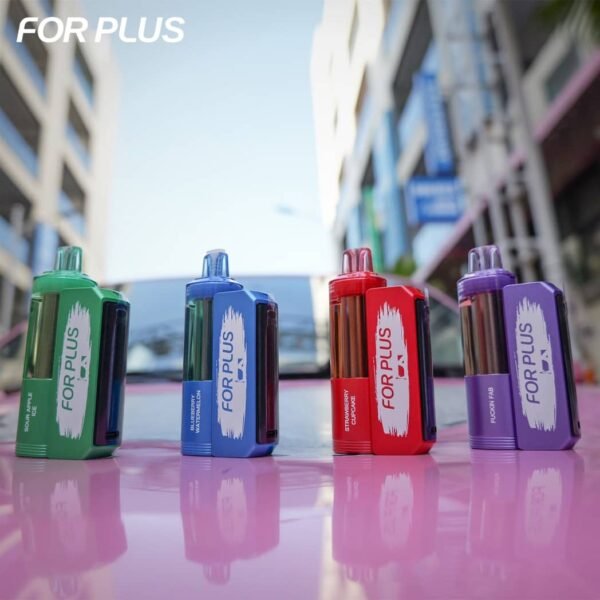 Various colors of FOR PLUS 50000 Puffs 50k disposable vapes placed outdoor on a car hood with street reflections.