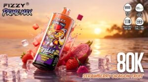 Fizzy Prime Max 80K strawberry dragon fruit disposable vape with 80k puffs display and fruit background