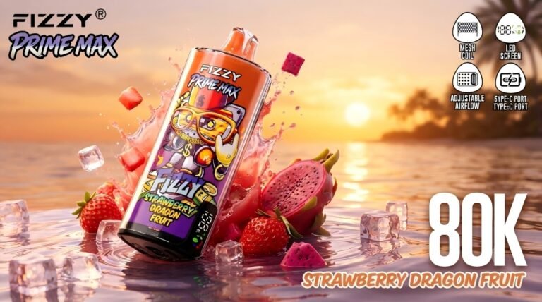 Fizzy Prime Max 80K strawberry dragon fruit disposable vape with 80k puffs display and fruit background