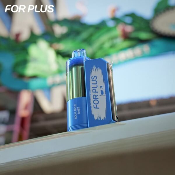 Blue color model of ELE World FOR PLUS 50000 Puffs 50k disposable vape device close up shot outdoors.