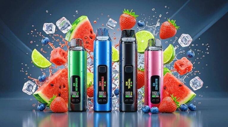 Four colored disposable vape devices with smart LED screens displaying flavor information: Watermelon Ice, Strawberry Lime, Tropical Mix, and Blue Razz Ice, surrounded by exploding fresh fruits and ice cubes.