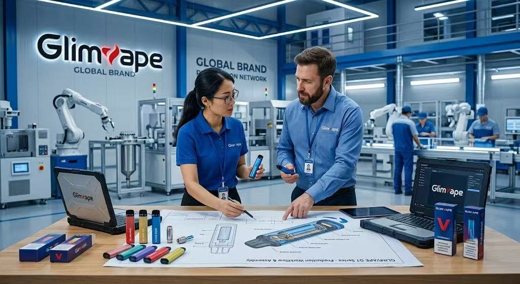 Two Glimvape engineers reviewing a technical product blueprint and customization process in a high-tech vape manufacturing factory.
