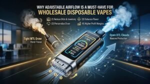 Premium disposable vape with adjustable airflow switch and smart display, highlighting wholesale benefits like SKU reduction and higher profit margins for 2026 distributors.