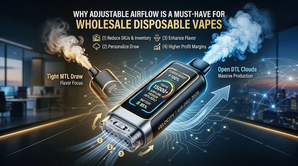 Premium disposable vape with adjustable airflow switch and smart display, highlighting wholesale benefits like SKU reduction and higher profit margins for 2026 distributors.