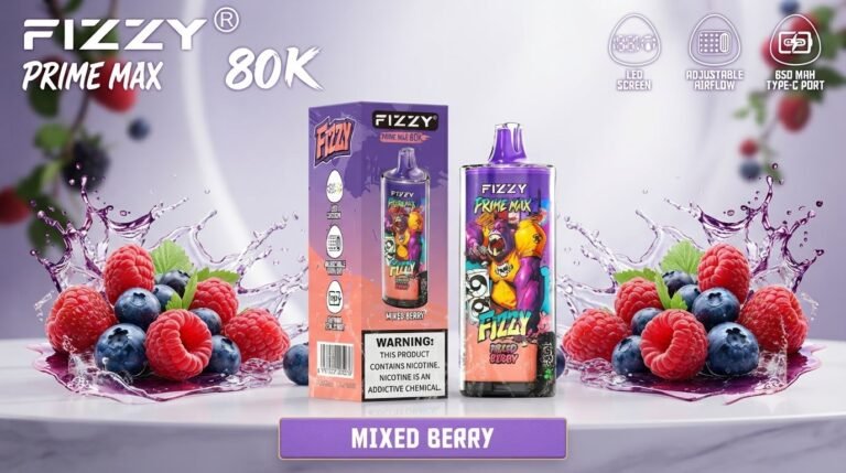 Fizzy Prime Max 80K disposable vape in Mixed Berry flavor with fresh raspberries and blueberries and dynamic juice splash