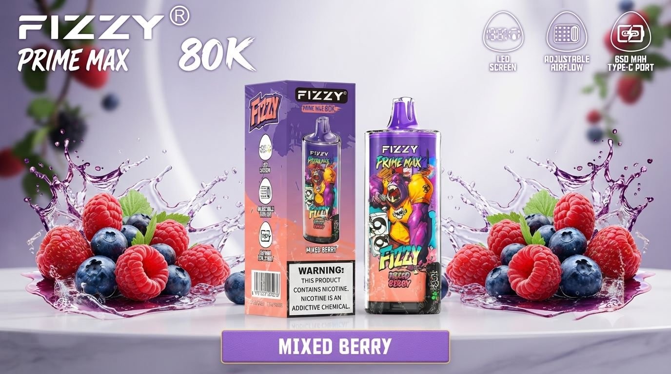 Fizzy Prime Max 80K disposable vape in Mixed Berry flavor with fresh raspberries and blueberries and dynamic juice splash