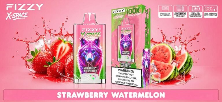 Fizzy X-Space 100K Strawberry Watermelon disposable vape featuring mesh coil and digital screen, surrounded by fresh strawberries and watermelon slices.
