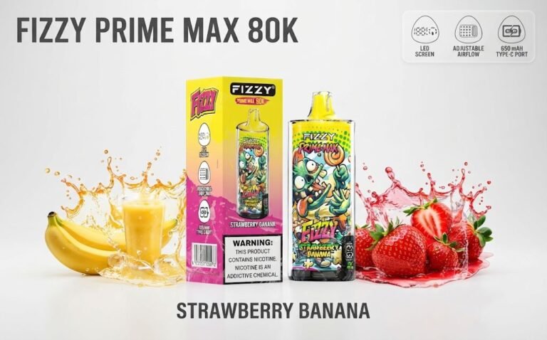 Fizzy Prime Max 80K disposable vape in strawberry banana flavor surrounded by fresh strawberries and bananas