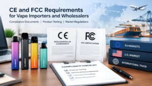 CE and FCC compliance documents with colorful vape devices for importers and wholesalers.