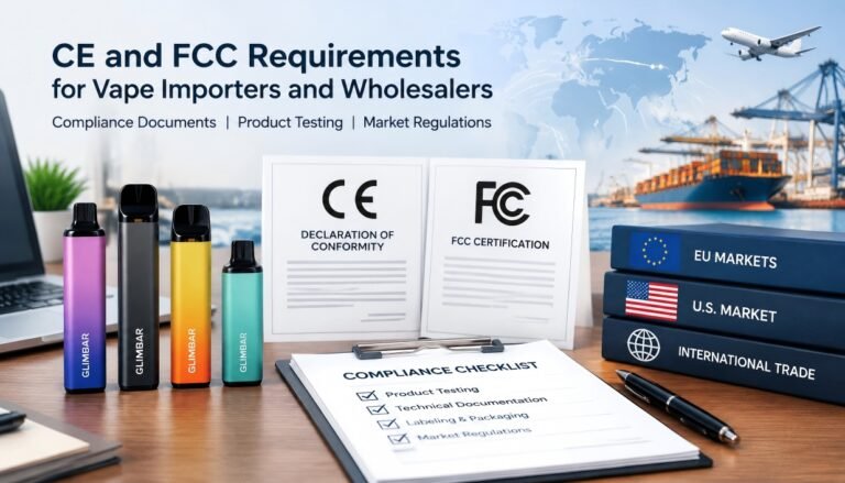 CE and FCC compliance documents with colorful vape devices for importers and wholesalers.