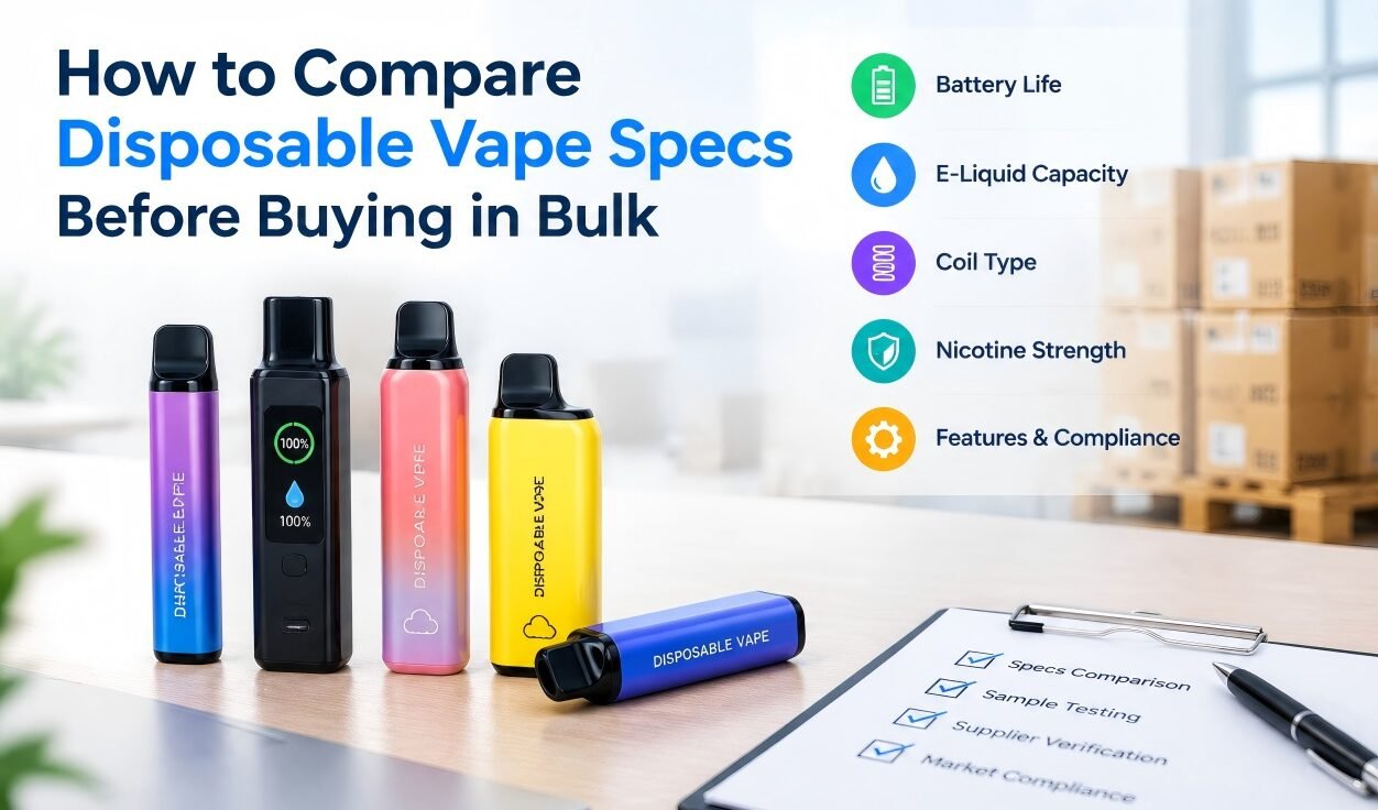 Colorful disposable vape devices illustrating key specifications for bulk purchasing, including battery capacity, e-liquid capacity, and coil design.