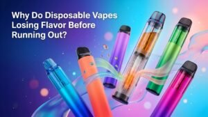 Disposable vape showing its e-liquid reservoir, wick, and heating coil