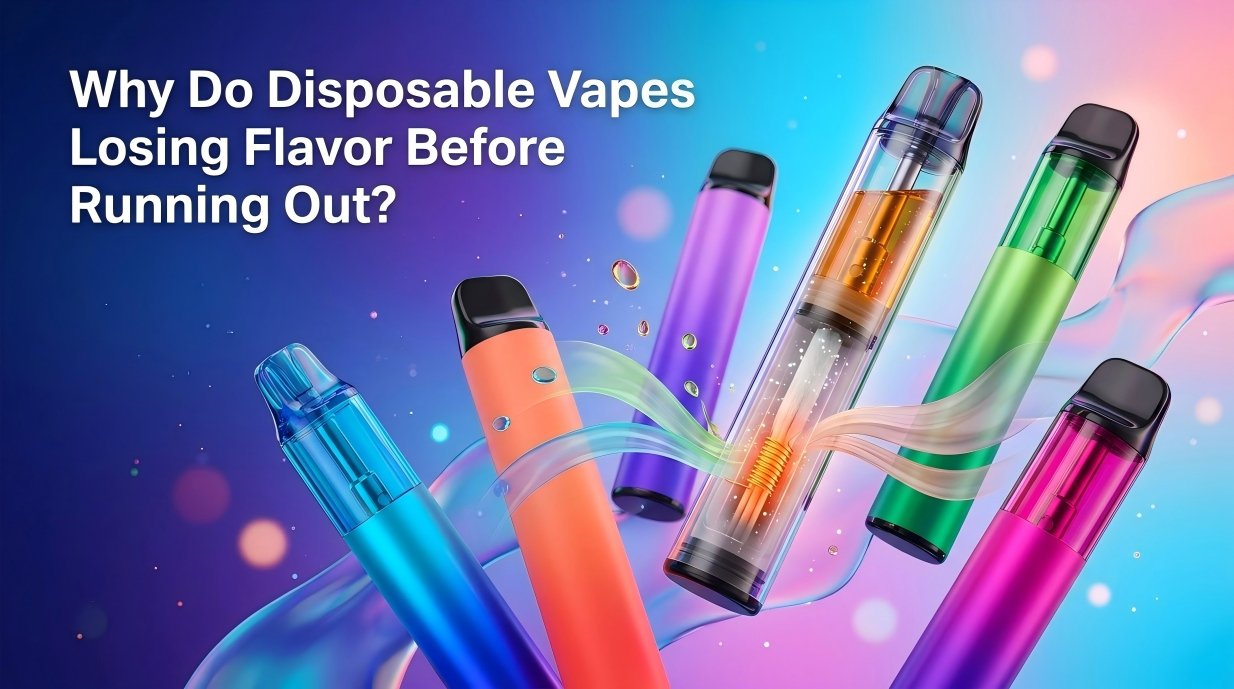 Disposable vape showing its e-liquid reservoir, wick, and heating coil