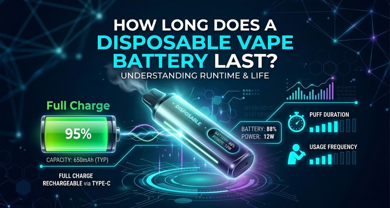An informative technology infographic illustrating disposable vape battery life, runtime, and power consumption with a sleek futuristic disposable vape, battery percentage display, and Type-C rechargeable feature.