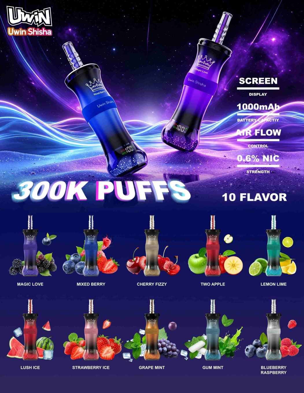 Uwin Shisha 300K Puffs disposable vape flavors